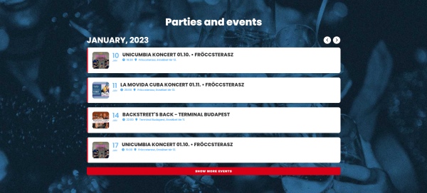 Fröccsterasz Complex - event list block