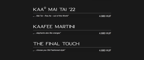 KAA Mixology - menu block